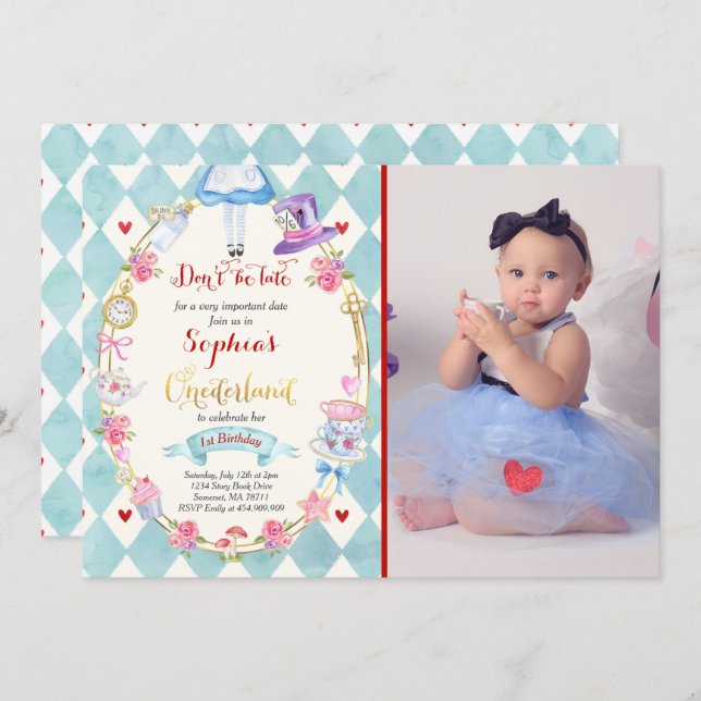 Alice i Onederland Birthday bjudande Tea Party Inbjudningar (Fram/baksida)