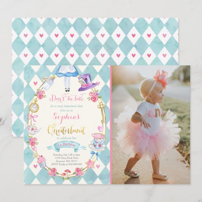 Alice i Onederland Birthday bjudande Tea Party Inbjudningar (Fram/baksida)