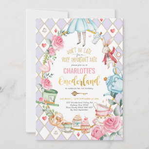 Alice i Onederland Birthday Mad Tea Party Lila Inbjudningar
