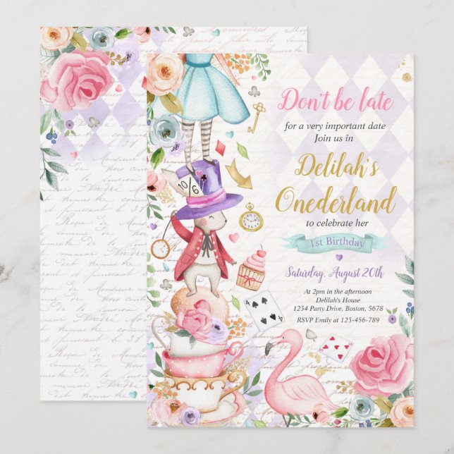 Alice i ONEderland Birthday Whimsical Tea Party Inbjudningar (Fram/baksida)