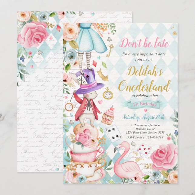 Alice i ONEderland Birthday Whimsical Tea Party Inbjudningar (Fram/baksida)