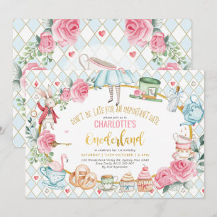Alice i Onederland Blue Rosa Birthday Tea Party Inbjudningar