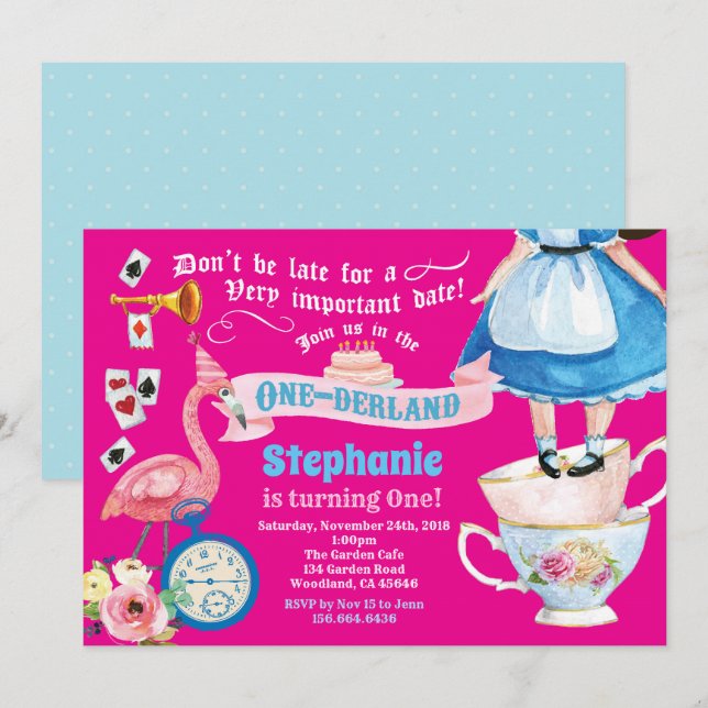 Alice i ONEderland-födelsedagstest party shock ros Inbjudningar (Fram/baksida)