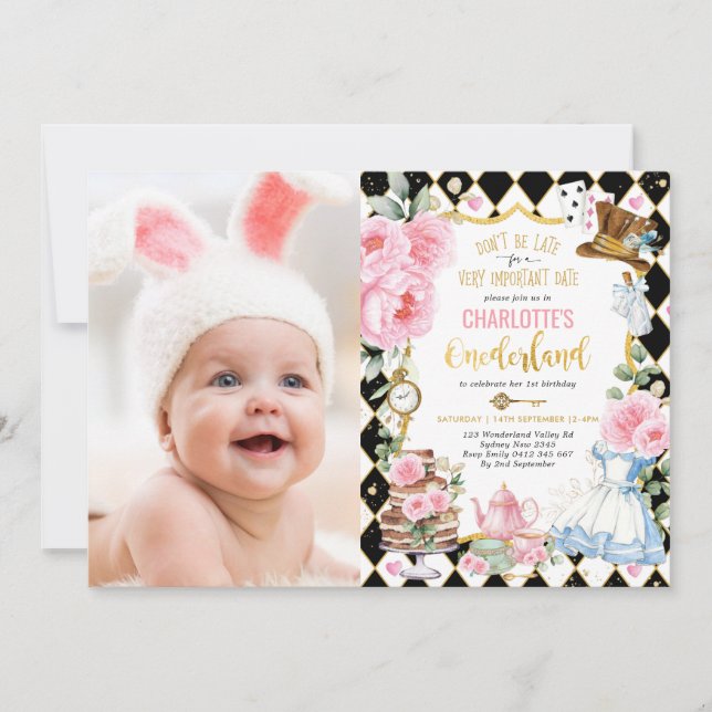 Alice i Onederland High Tea Mad Hatter Birthday Inbjudningar (Framsida)