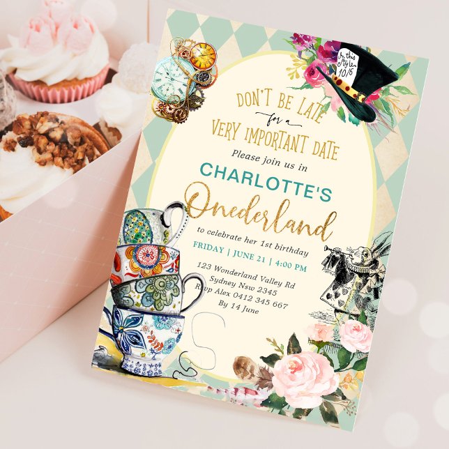 Alice i Onederland Mad Tea 1:a födelsedagen Party Inbjudningar (Skapare uppladdad)