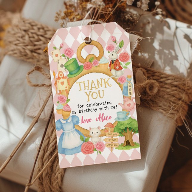 Alice i Onederland Tea Party Birthday Tack Presentetikett (Skapare uppladdad)