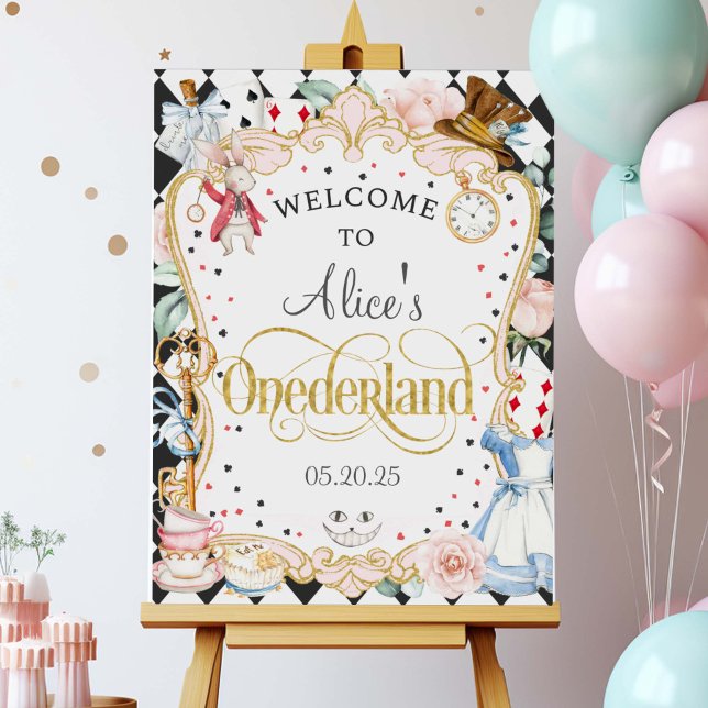 Alice i Onederland, välkomsttecken för första föde Poster (Alice Onederland, Girl 1st birthday poster, mad hatter, tea party, birthday welcome sign.)