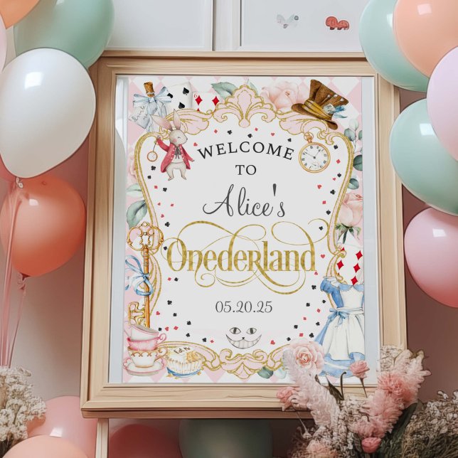 Alice i Onederland, välkomsttecken för första föde Poster (Mad hatter, tea party, Alice Onederland, Girl 1st birthday welcome sign poster.)