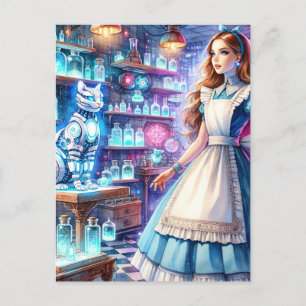Alice i Steampunk Apothecary med Robot Cat Vykort
