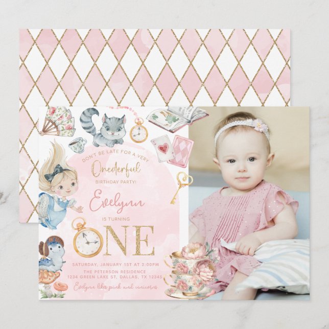 Alice i underlandet 1:a födelsedag Tea Party Inbjudningar (Fram/baksida)