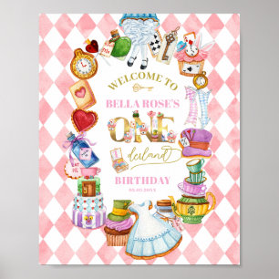 Alice i Underlandet 1-års födelsedag Rosa Välkomme Poster