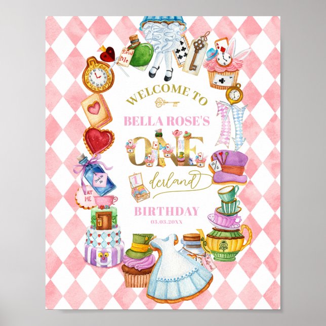 Alice i Underlandet 1-års födelsedag Rosa Välkomme Poster (Framsidan)