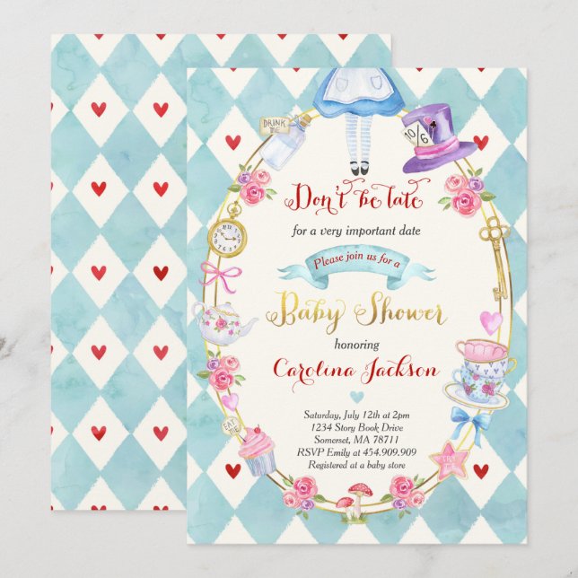 Alice i Underlandet Baby Shower-inbjudan Inbjudningar (Fram/baksida)