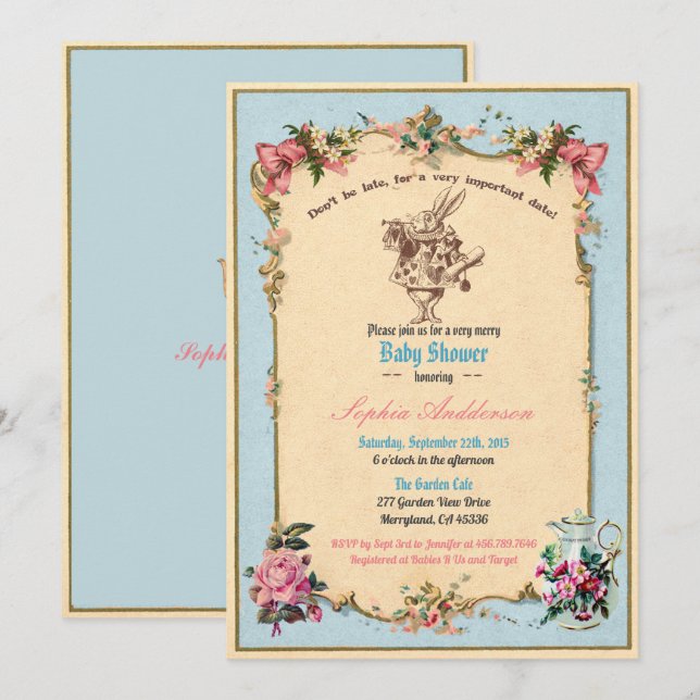 Alice i Underlandet Baby Shower Sip and See blå Inbjudningar (Fram/baksida)