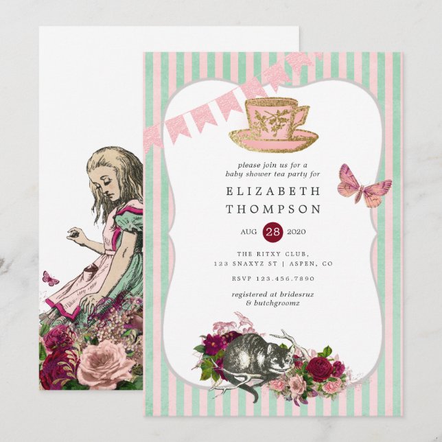 Alice i Underlandet Baby Shower Tekvart Inbjudningar (Fram/baksida)