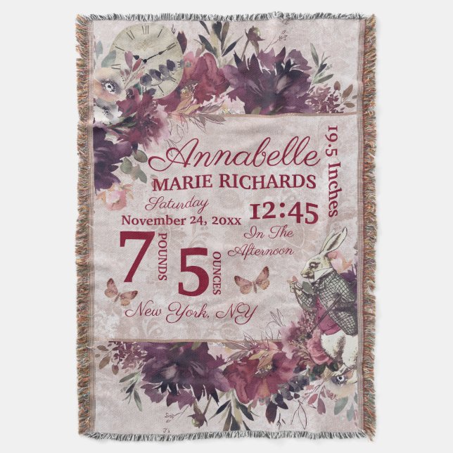 Alice i Underlandet Blommig Anpassad Bebis Födelse Filt (Framsidan Vertikal)