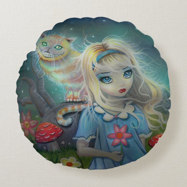 Alice i Underlandet Fantasykonst av Molly Harrison Rund Kudde (Framsidan)