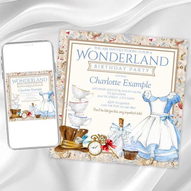 Alice i Underlandet Födelsedagsinbjudan Inbjudningar (Pretty watercolor Alice in Wonderland any event invitation. All text can be changed as needed.)
