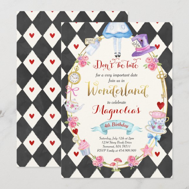 Alice i underlandet födelsedagsinbjudan till Tea P Inbjudningar (Fram/baksida)