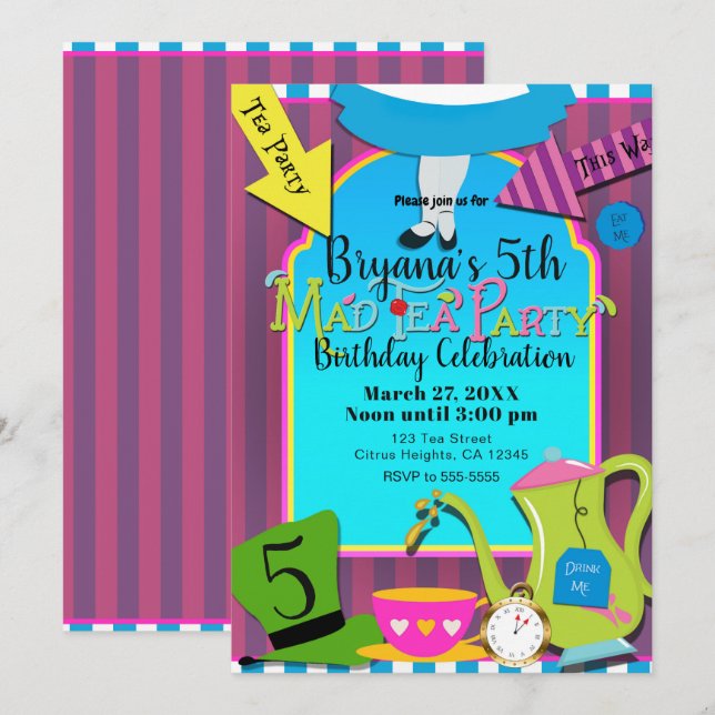 Alice i Underlandet Galna Hattens Födelsedagsfest Inbjudningar (Fram/baksida)