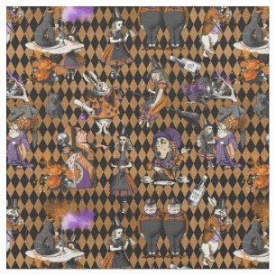 Alice i Underlandet på Orange/Black Harlequin Tyg