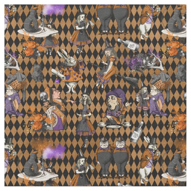 Alice i Underlandet på Orange/Black Harlequin Tyg (Närbild)
