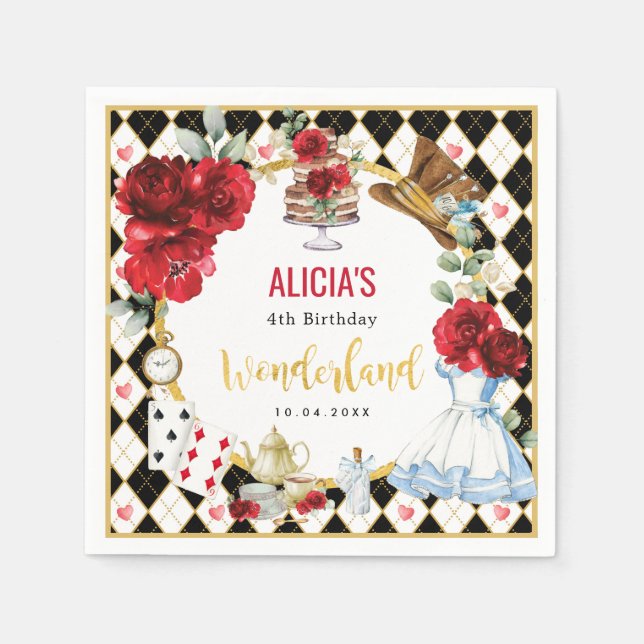 Alice i Underlandet Röda Blommor Flickor Tekompani Pappersservett (Framsidan)