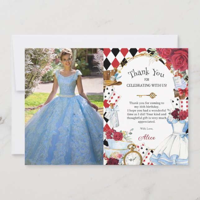 Alice i Underlandet Rosor Födelsedag Te Parti Foto Tack Kort (Framsida)