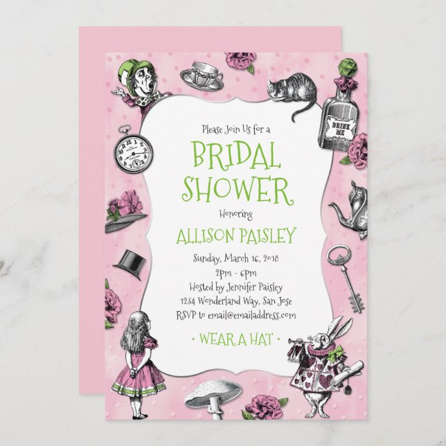 Alice i underlandets Möhippa för Rosa och Grönt Inbjudningar (Fram/baksida)