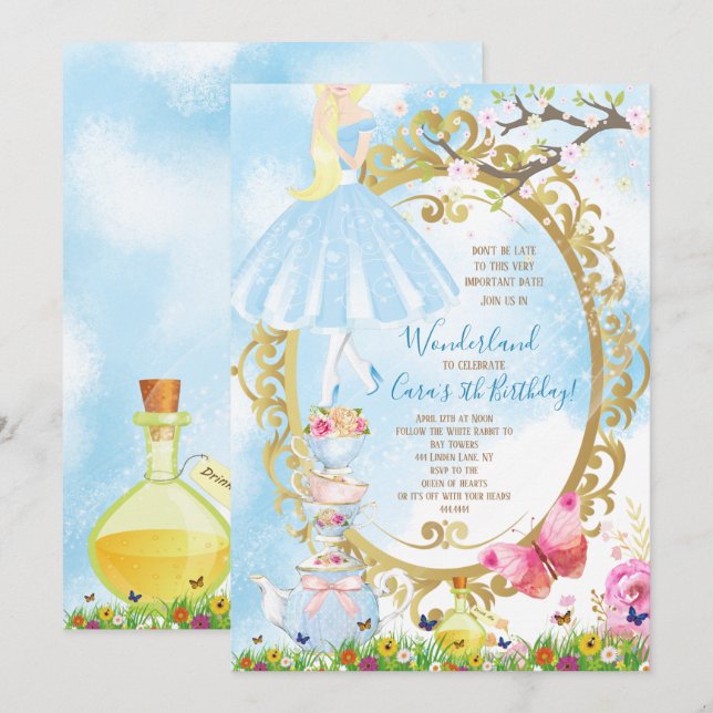 Alice i underlandfödelsedagsfest inbjudningar (Fram/baksida)