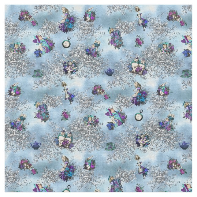 Alice i underlandtecken på blått och silver tyg (Närbild)