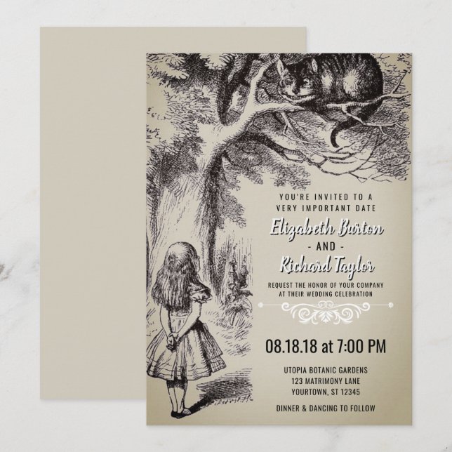 Alice i underlandvintage bröllopinbjudan inbjudningar (Fram/baksida)