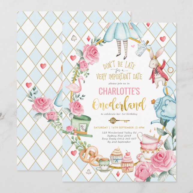 Alice i Wonderland 1:a födelsedagen Mad Tea Party Inbjudningar (Fram/baksida)
