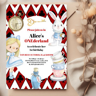 Alice i Wonderland 1st Birthday Onederland Party Inbjudningar