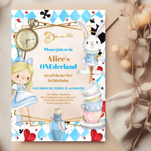 Alice i Wonderland 1st Birthday Onederland Party Inbjudningar