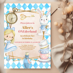 Alice i Wonderland 1st Birthday Onederland Party Inbjudningar