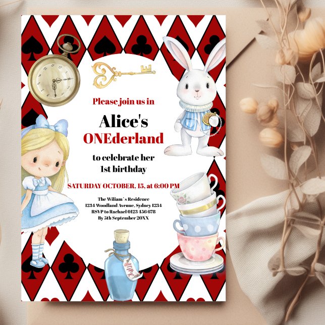 Alice i Wonderland 1st Birthday Onederland Party Inbjudningar (Skapare uppladdad)