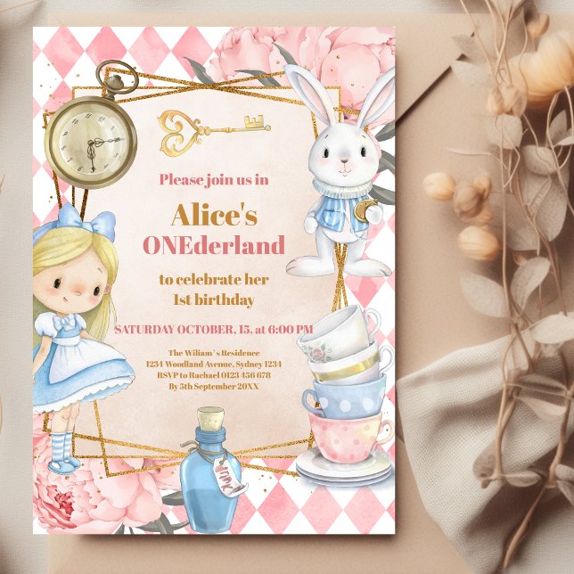 Alice i Wonderland 1st Birthday Onederland Tea Inbjudningar (Skapare uppladdad)