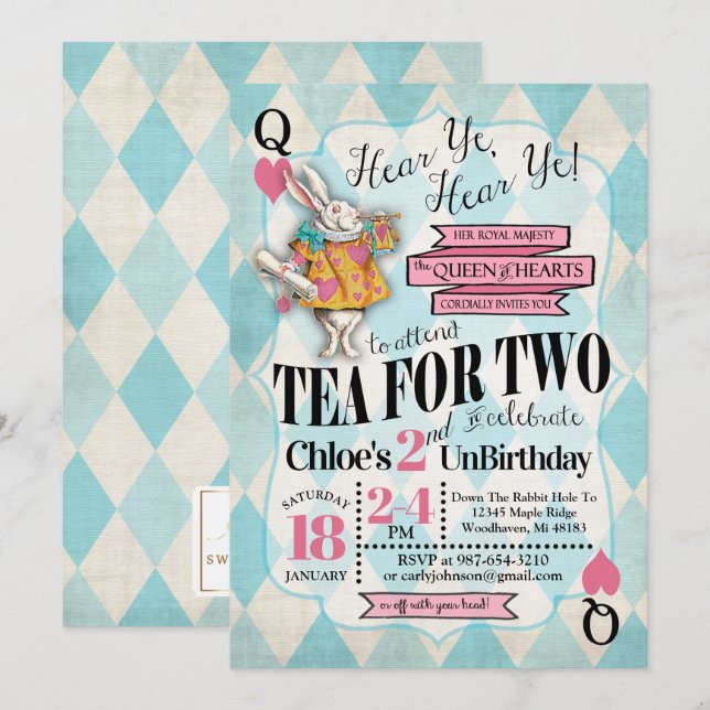Alice i Wonderland 2:a födelsedagsinbjudan Inbjudningar (Fram/baksida)
