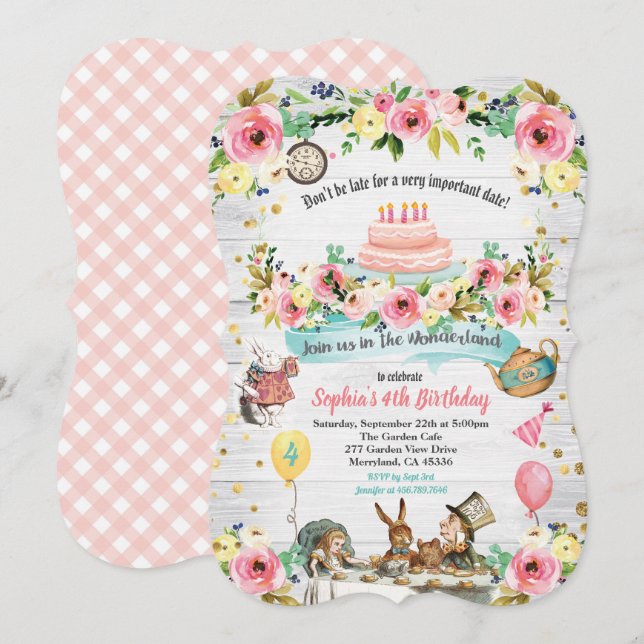 Alice i Wonderland baby födelsedag Inbjudningar (Fram/baksida)