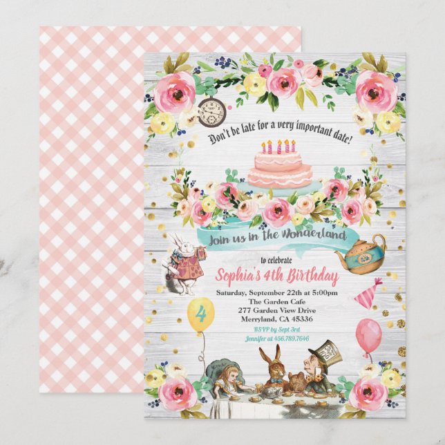 Alice i Wonderland baby födelsedagsinbjudan guld Inbjudningar (Fram/baksida)