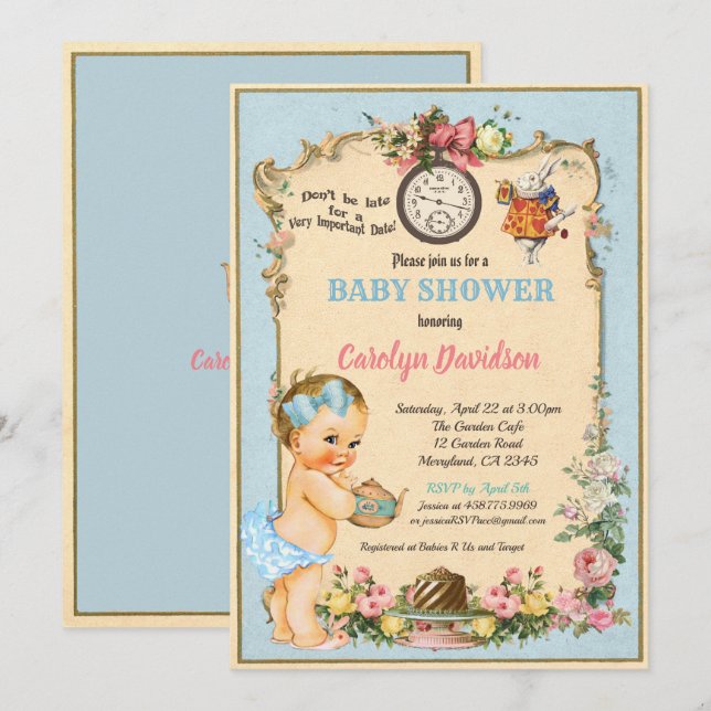 Alice i Wonderland Baby Shower Inbjudan blonde (Fram/baksida)