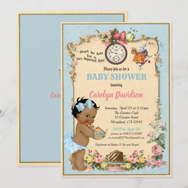 Alice i Wonderland Baby Shower-inbjudan till Afrik Inbjudningar (Fram/baksida)