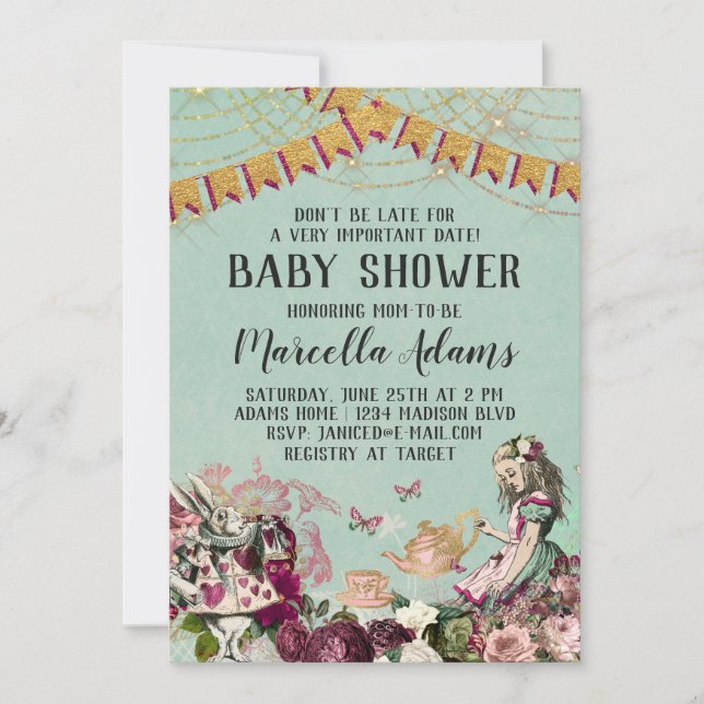 Alice i Wonderland Baby Shower Inbjudningar (Framsida)