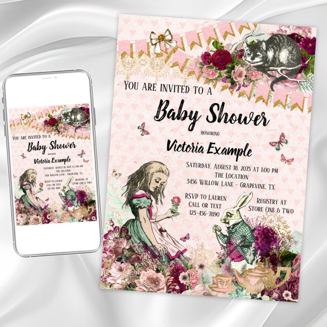 Alice i Wonderland Baby Shower-inbjudningar Inbjudningar (Wonderland baby shower any occasion invitation. Instant download and printed invitations available.)