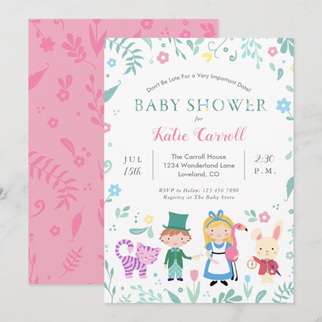 Alice i Wonderland Baby Shower-inbjudningar | ROSA Inbjudningar (Fram/baksida)