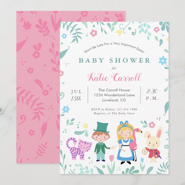 Alice i Wonderland Baby Shower-inbjudningar | ROSA Inbjudningar (Fram/baksida)