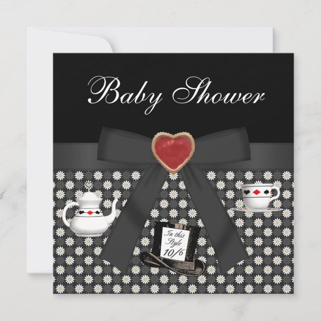 Alice i Wonderland Baby Shower Tea Party Black Inbjudningar (Framsida)