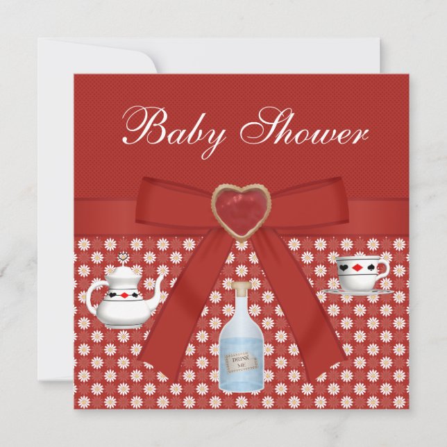 Alice i Wonderland Baby Shower Tea Party Red Inbjudningar (Framsida)