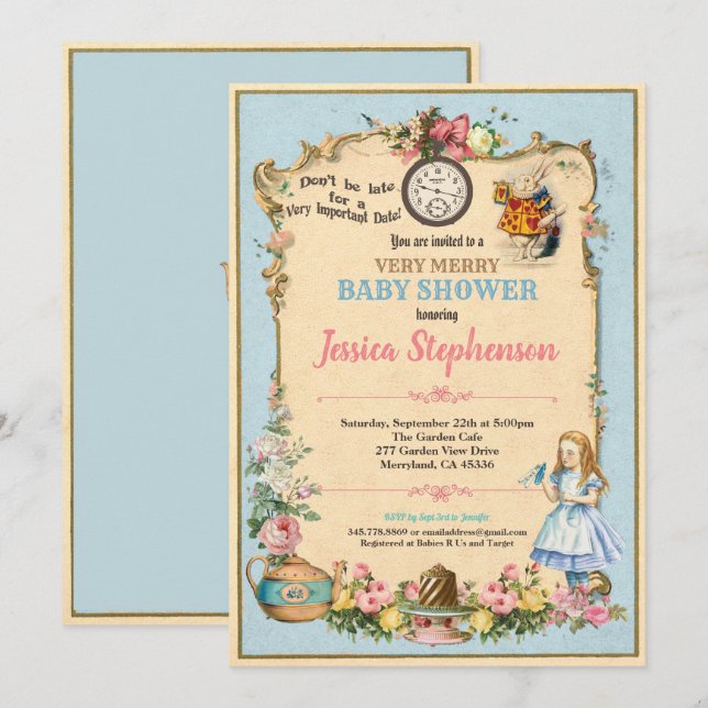 Alice i Wonderland babyduschinbjudan blått Inbjudningar (Fram/baksida)